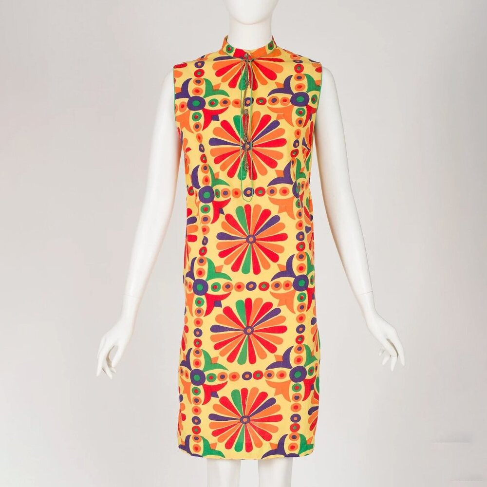 1960s Vintage Geometric Print Indian Cotton Shift Dress by India Pona Sz S M